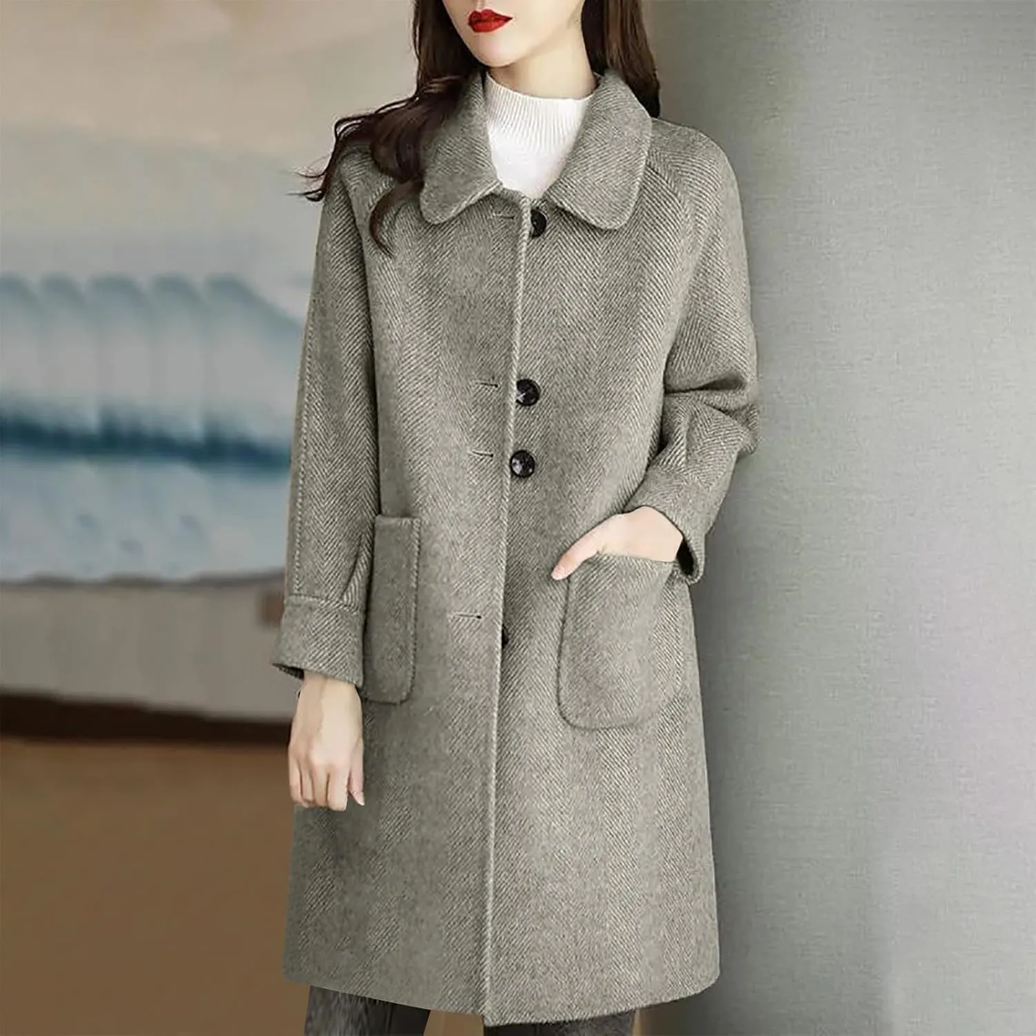 Wool Pea Coats for Women Winter Coats Double Breasted Lapel Casual Open Front Cardigan Elegant Mid-Long Trench Coats