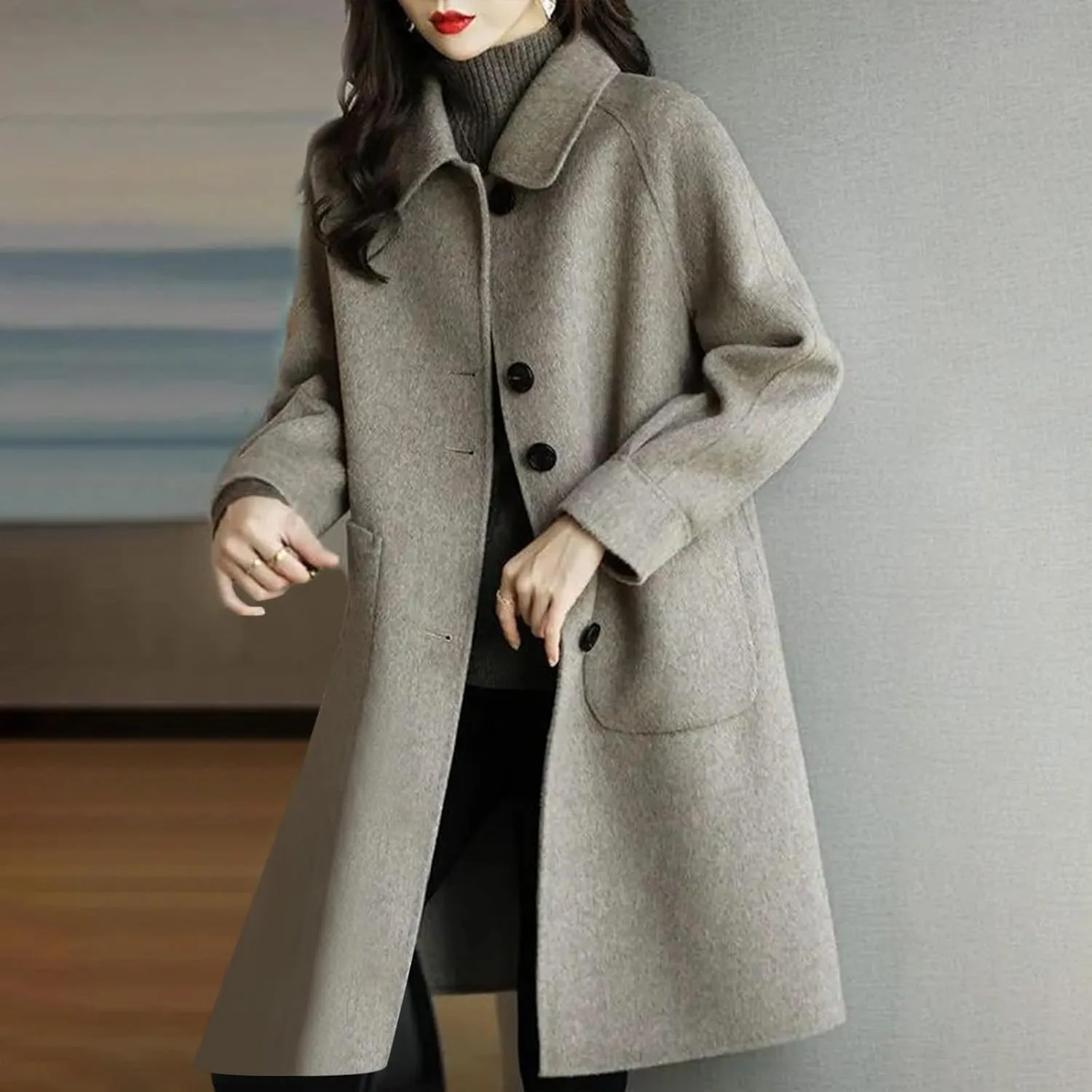 Wool Pea Coats for Women Winter Coats Double Breasted Lapel Casual Open Front Cardigan Elegant Mid-Long Trench Coats