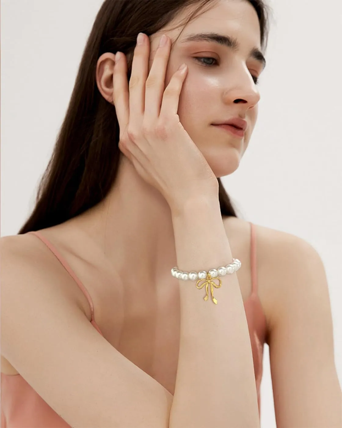 WOWORAMA Pearl Bow Bracelet for Women Simulated Baroque Pearl Bracelet Adjustable Gold Pearl Bracelets Summer Bracelet Jewelry