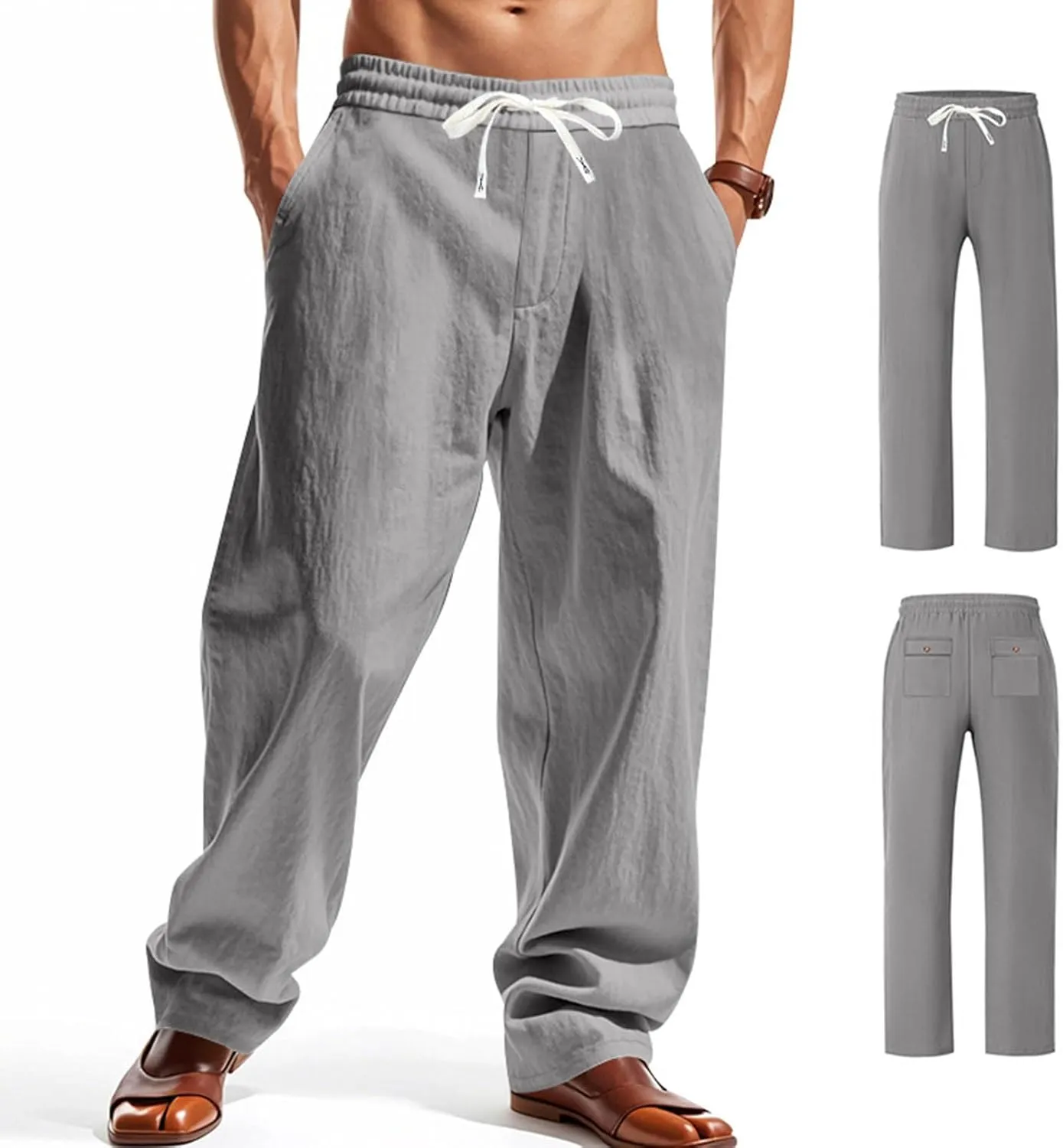 Xiaojmake Baggy Cotton Linen Sweatpants for Men Drawstring Lounge Trouser Pant Loose Fit Comfort Breathable Long Casual Pants