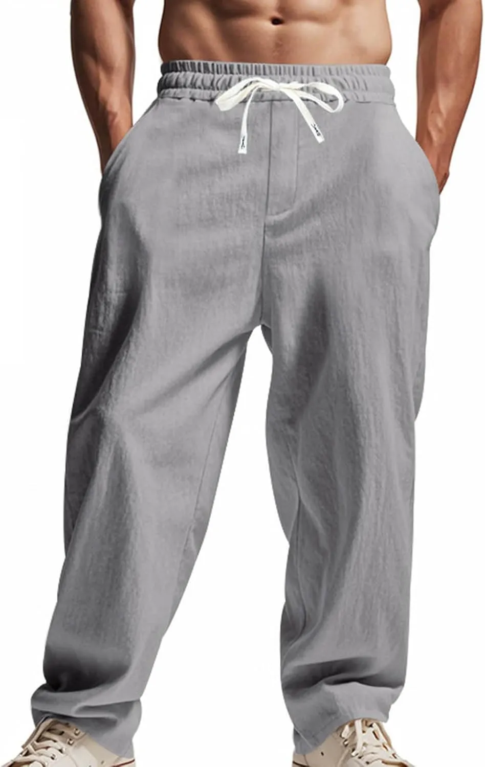 Xiaojmake Baggy Cotton Linen Sweatpants for Men Drawstring Lounge Trouser Pant Loose Fit Comfort Breathable Long Casual Pants