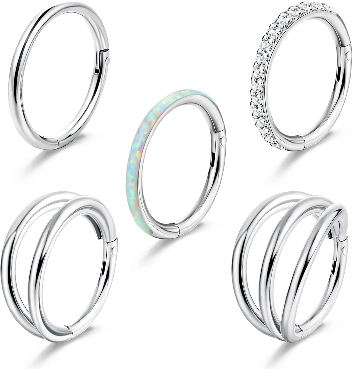 YADOCA 5Pcs 18G 16G Surgical Steel Nose Rings Hoops for Women Men Clicker Septum Hinged Segment Lip Nose Rings Helix Cartilage Conch Rook Earrings CZ Opal Body Piercing Jewelry 8mm 10mm