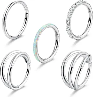 YADOCA 5Pcs 18G 16G Surgical Steel Nose Rings Hoops for Women Men Clicker Septum Hinged Segment Lip Nose Rings Helix Cartilage Conch Rook Earrings CZ Opal Body Piercing Jewelry 8mm 10mm