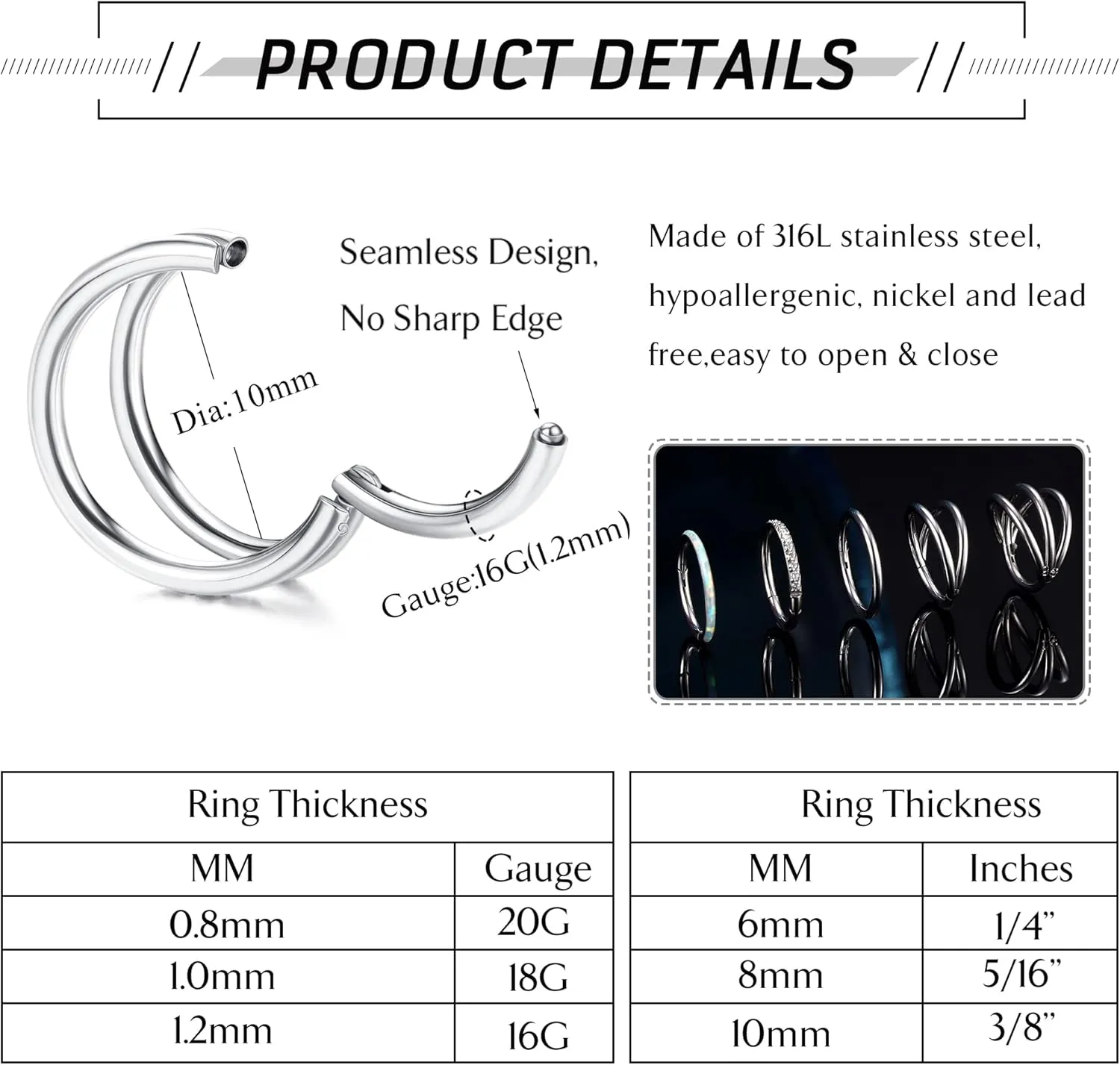 YADOCA 5Pcs 18G 16G Surgical Steel Nose Rings Hoops for Women Men Clicker Septum Hinged Segment Lip Nose Rings Helix Cartilage Conch Rook Earrings CZ Opal Body Piercing Jewelry 8mm 10mm