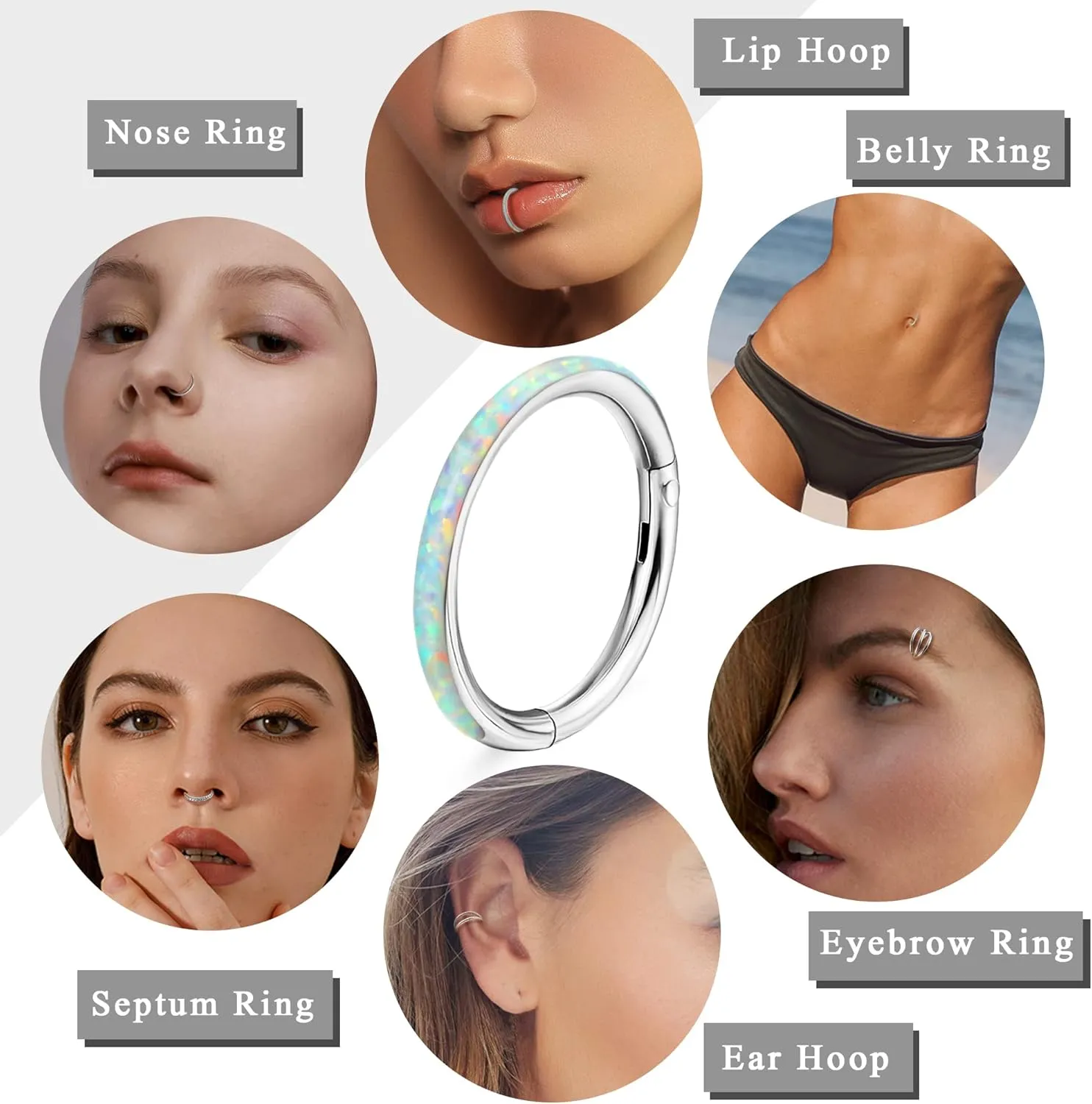 YADOCA 5Pcs 18G 16G Surgical Steel Nose Rings Hoops for Women Men Clicker Septum Hinged Segment Lip Nose Rings Helix Cartilage Conch Rook Earrings CZ Opal Body Piercing Jewelry 8mm 10mm