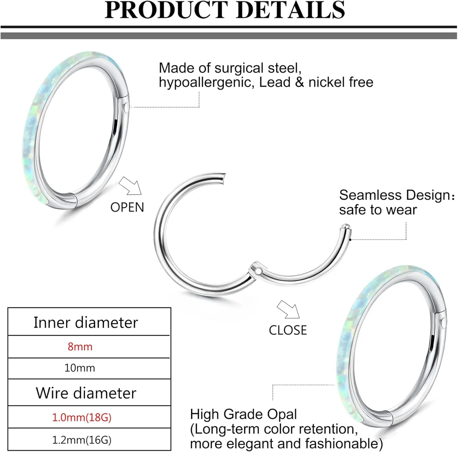YADOCA 7Pcs 18G 16G Surgical Steel Nose Rings Hoops for Women Men Opal CZ Clicker Hinged Segment Septum Lip Hoop Nose Rings Helix Cartilage Conch Daith Rook Earrings Piercing Jewelry 8mm 10mm