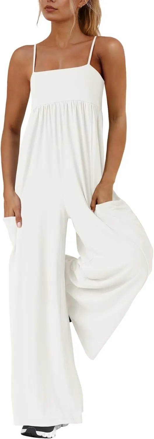 Yanekop Womens Overalls Loose Fit Spaghetti Strap Wide Leg Jumpsuit Summer workout One Piece Jumpsuits with Pockets