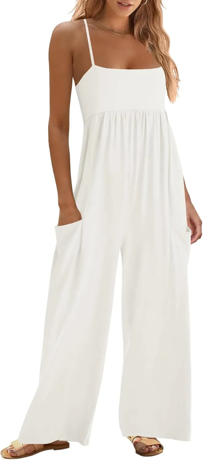 Yanekop Womens Overalls Loose Fit Spaghetti Strap Wide Leg Jumpsuit Summer workout One Piece Jumpsuits with Pockets