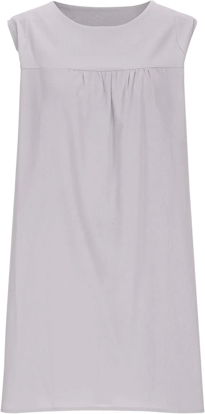 yardsong Linen Dresses for Women 2025 Summer Cap Sleeve Round Neck Mini Dress Casual Loose Trendy Vacation Beach Dress