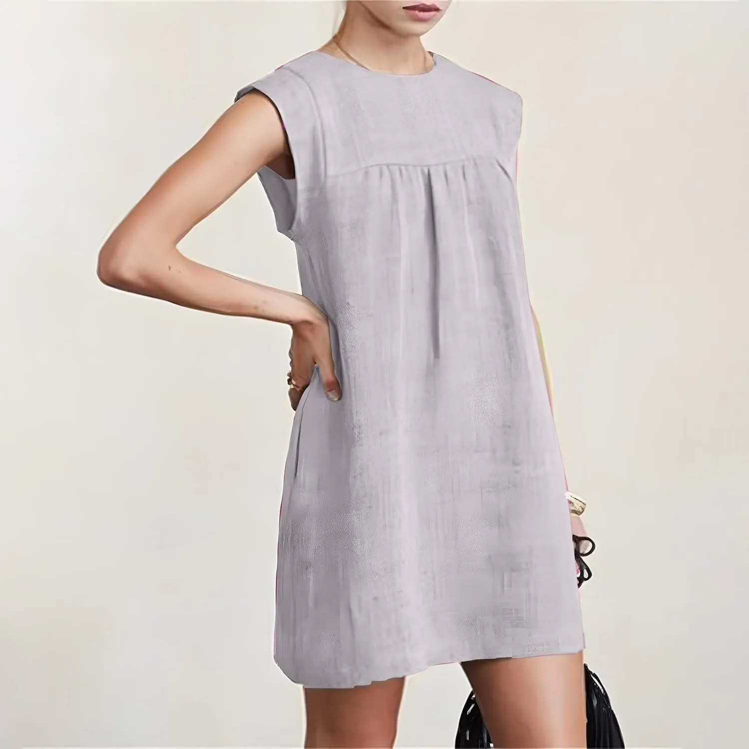 yardsong Linen Dresses for Women 2025 Summer Cap Sleeve Round Neck Mini Dress Casual Loose Trendy Vacation Beach Dress