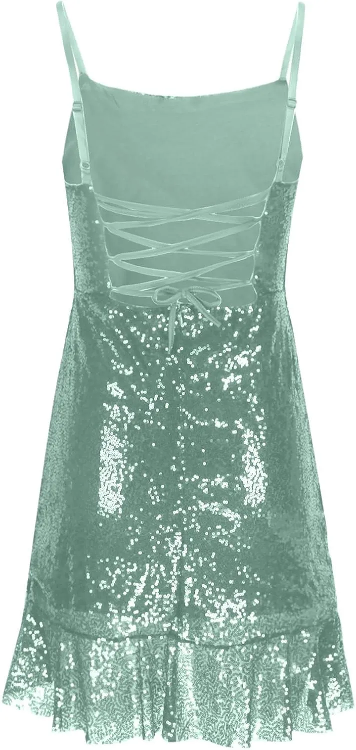 yardsong Party Dresses for Women 2025 Sexy Glitter Sequin Spaghetti Strap Dress Sparkle Ruffle Hem Party Club Mini Dresses