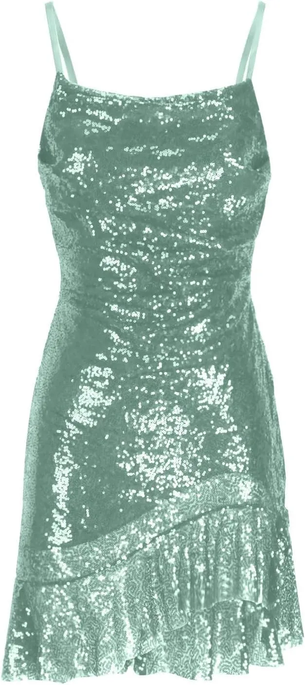 yardsong Party Dresses for Women 2025 Sexy Glitter Sequin Spaghetti Strap Dress Sparkle Ruffle Hem Party Club Mini Dresses