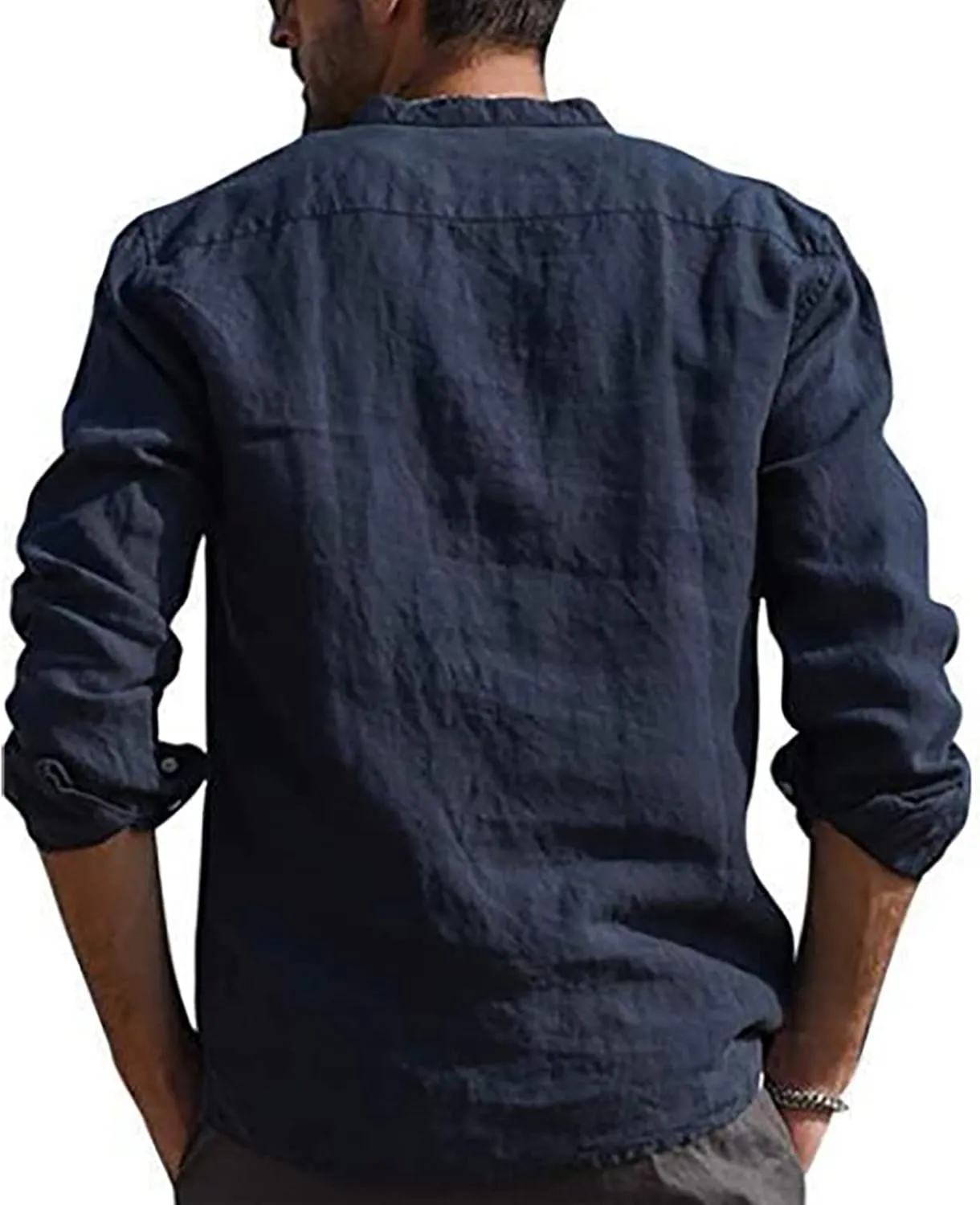 Ymosrh Long Sleeve Shirts Men's Casual Cotton Linen Solid Color Shirts Loose Stand Collar Shirts Dress for Men