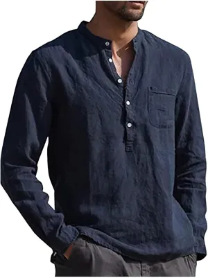 Ymosrh Long Sleeve Shirts Men's Casual Cotton Linen Solid Color Shirts Loose Stand Collar Shirts Dress for Men