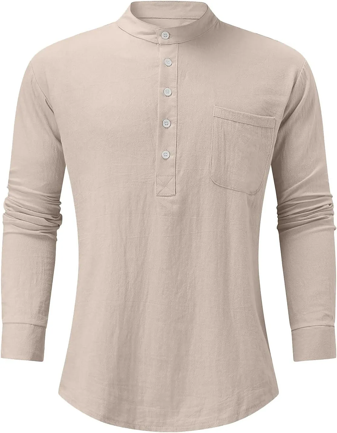 Ymosrh Long Sleeve Shirts Men's Casual Cotton Linen Solid Color Shirts Loose Stand Collar Shirts Dress for Men