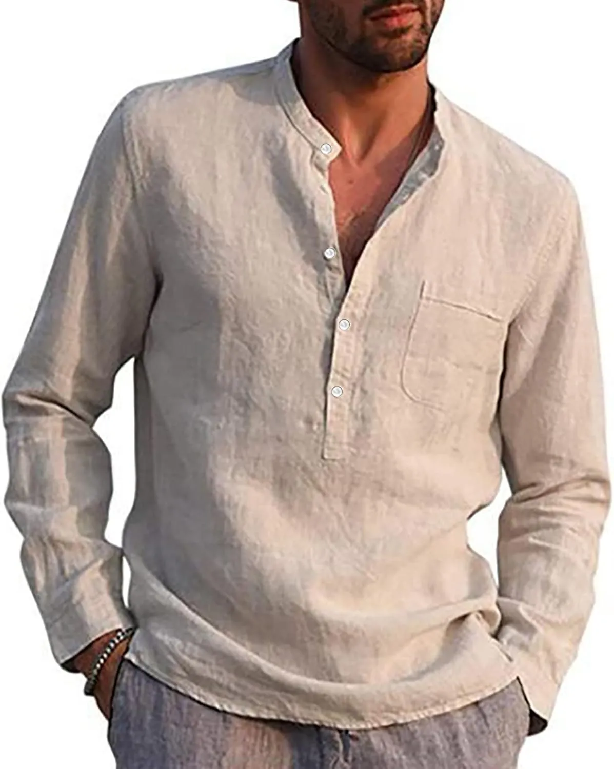 Ymosrh Long Sleeve Shirts Men's Casual Cotton Linen Solid Color Shirts Loose Stand Collar Shirts Dress for Men