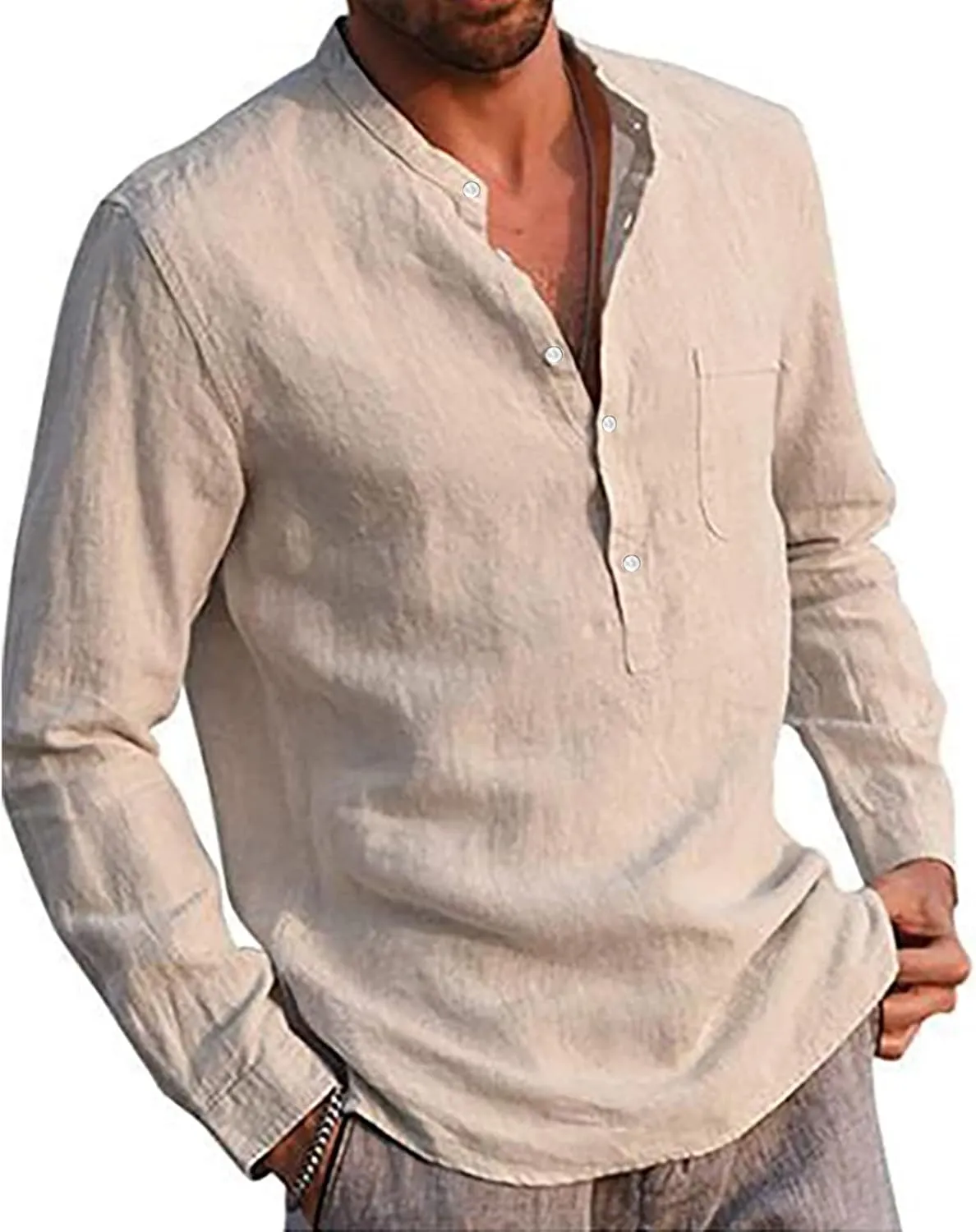 Ymosrh Long Sleeve Shirts Men's Casual Cotton Linen Solid Color Shirts Loose Stand Collar Shirts Dress for Men
