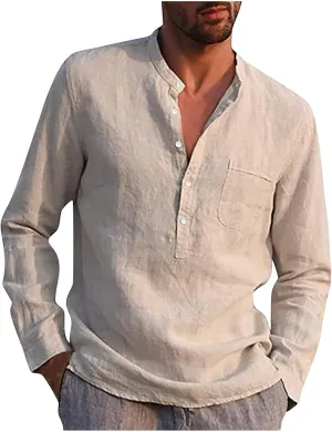 Ymosrh Long Sleeve Shirts Men's Casual Cotton Linen Solid Color Shirts Loose Stand Collar Shirts Dress for Men