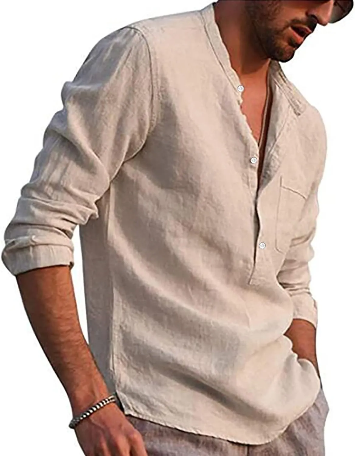 Ymosrh Long Sleeve Shirts Men's Casual Cotton Linen Solid Color Shirts Loose Stand Collar Shirts Dress for Men