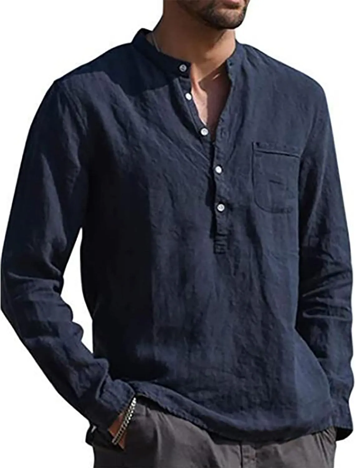 Ymosrh Long Sleeve Shirts Men's Casual Cotton Linen Solid Color Shirts Loose Stand Collar Shirts Dress for Men