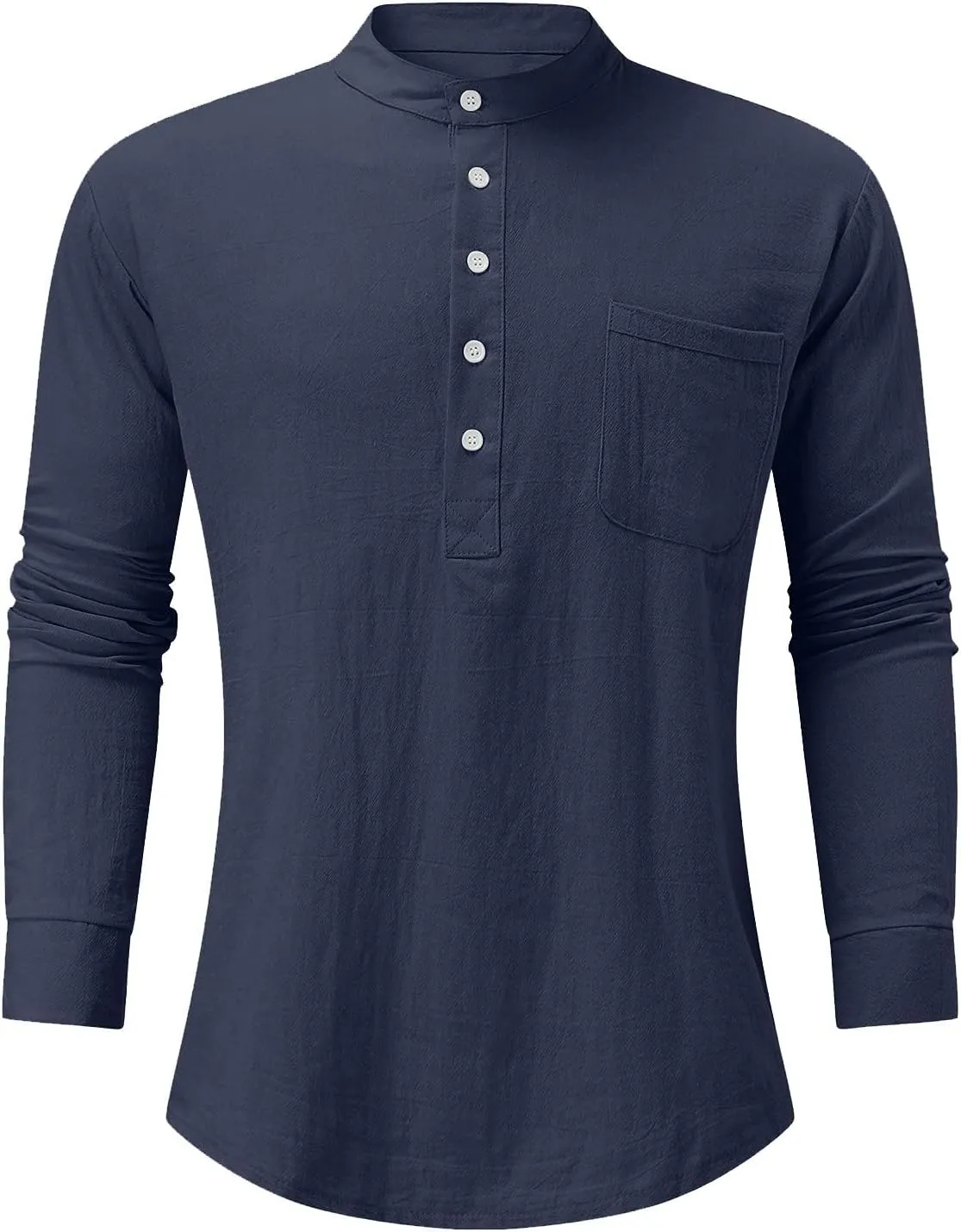 Ymosrh Long Sleeve Shirts Men's Casual Cotton Linen Solid Color Shirts Loose Stand Collar Shirts Dress for Men