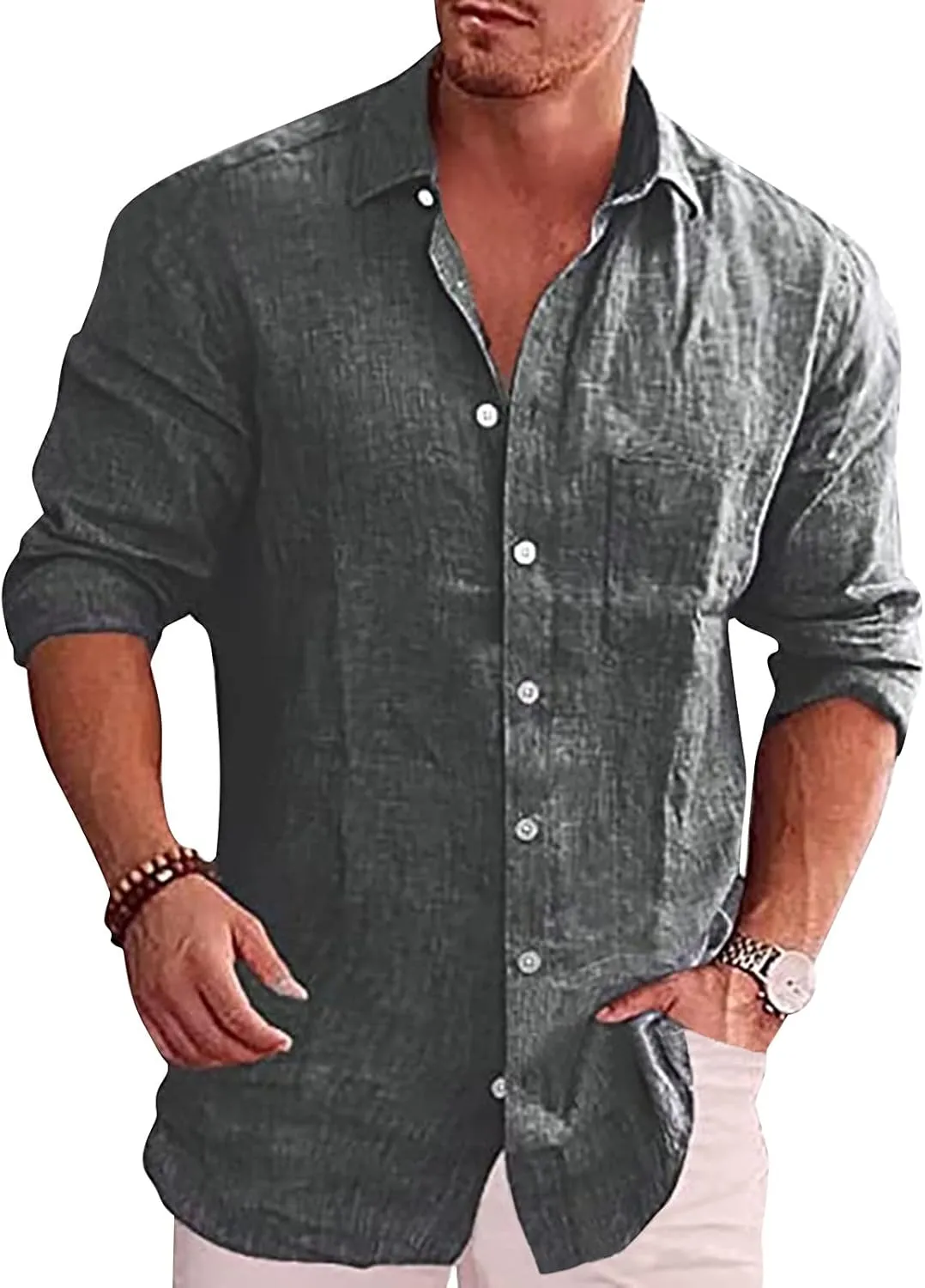 Ymosrh Men's Shirts Spring Summer Casual Cotton Linen Solid Color Long Sleeve Shirts Loose Stand Collar Shirts