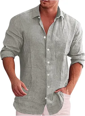 Ymosrh Men's Shirts Spring Summer Casual Cotton Linen Solid Color Long Sleeve Shirts Loose Stand Collar Shirts
