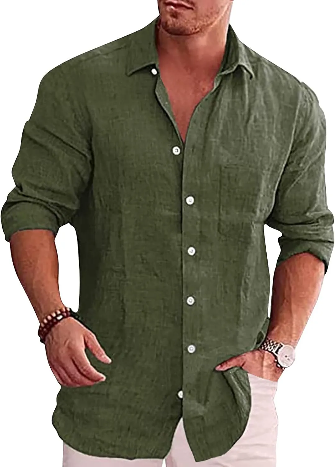 Ymosrh Men's Shirts Spring Summer Casual Cotton Linen Solid Color Long Sleeve Shirts Loose Stand Collar Shirts