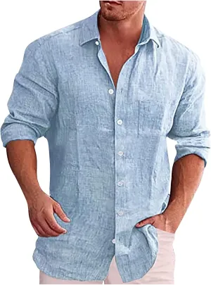 Ymosrh Men's Shirts Spring Summer Casual Cotton Linen Solid Color Long Sleeve Shirts Loose Stand Collar Shirts