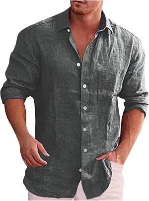 Ymosrh Men's Shirts Spring Summer Casual Cotton Linen Solid Color Long Sleeve Shirts Loose Stand Collar Shirts