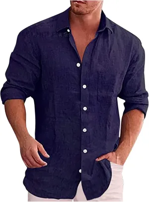 Ymosrh Men's Shirts Spring Summer Casual Cotton Linen Solid Color Long Sleeve Shirts Loose Stand Collar Shirts