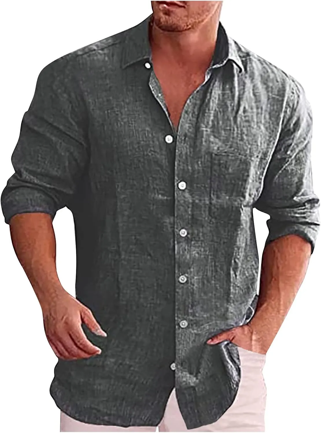 Ymosrh Men's Shirts Spring Summer Casual Cotton Linen Solid Color Long Sleeve Shirts Loose Stand Collar Shirts