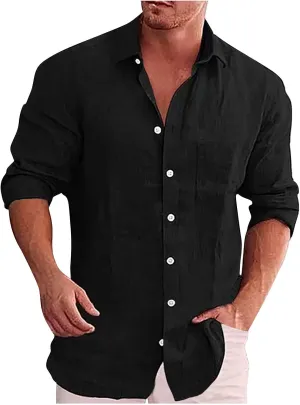 Ymosrh Men's Shirts Spring Summer Casual Cotton Linen Solid Color Long Sleeve Shirts Loose Stand Collar Shirts