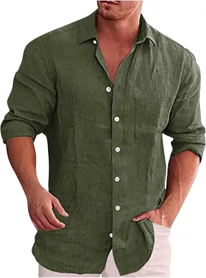 Ymosrh Men's Shirts Spring Summer Casual Cotton Linen Solid Color Long Sleeve Shirts Loose Stand Collar Shirts