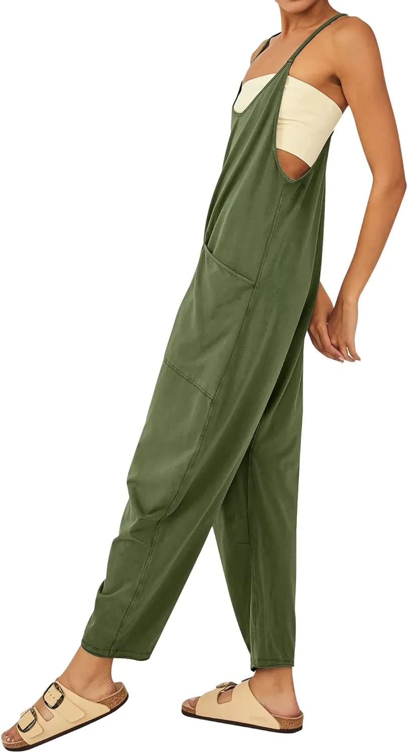 Ytfsrukp Womens Loose Casual V Neck Sleeveless Jumpsuits Adjustable Spaghetti Straps Harem Long Pants Overalls with Pockets