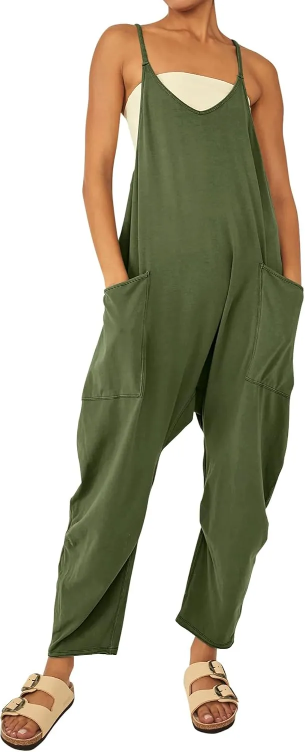 Ytfsrukp Womens Loose Casual V Neck Sleeveless Jumpsuits Adjustable Spaghetti Straps Harem Long Pants Overalls with Pockets