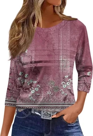 YUTANRAL 3/4 Length Sleeve Womens Tops 2025 Trendy Sping Summer Pleated Round Neck Casual Loose Ladies Blouses Tshirts