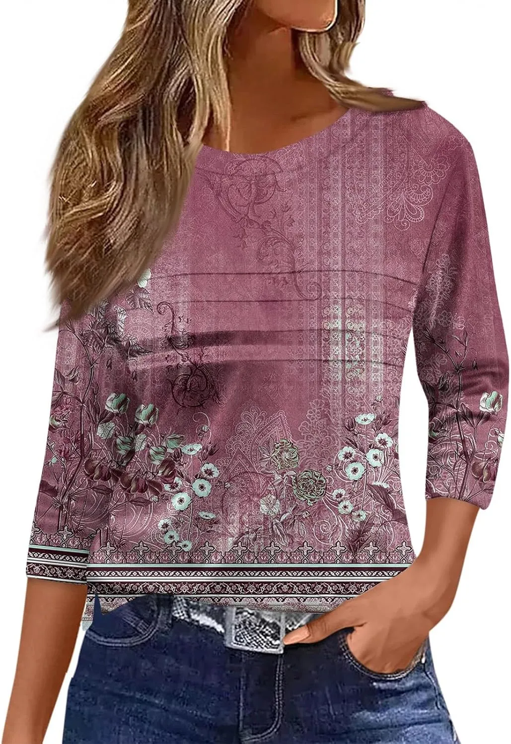 YUTANRAL 3/4 Length Sleeve Womens Tops 2025 Trendy Sping Summer Pleated Round Neck Casual Loose Ladies Blouses Tshirts