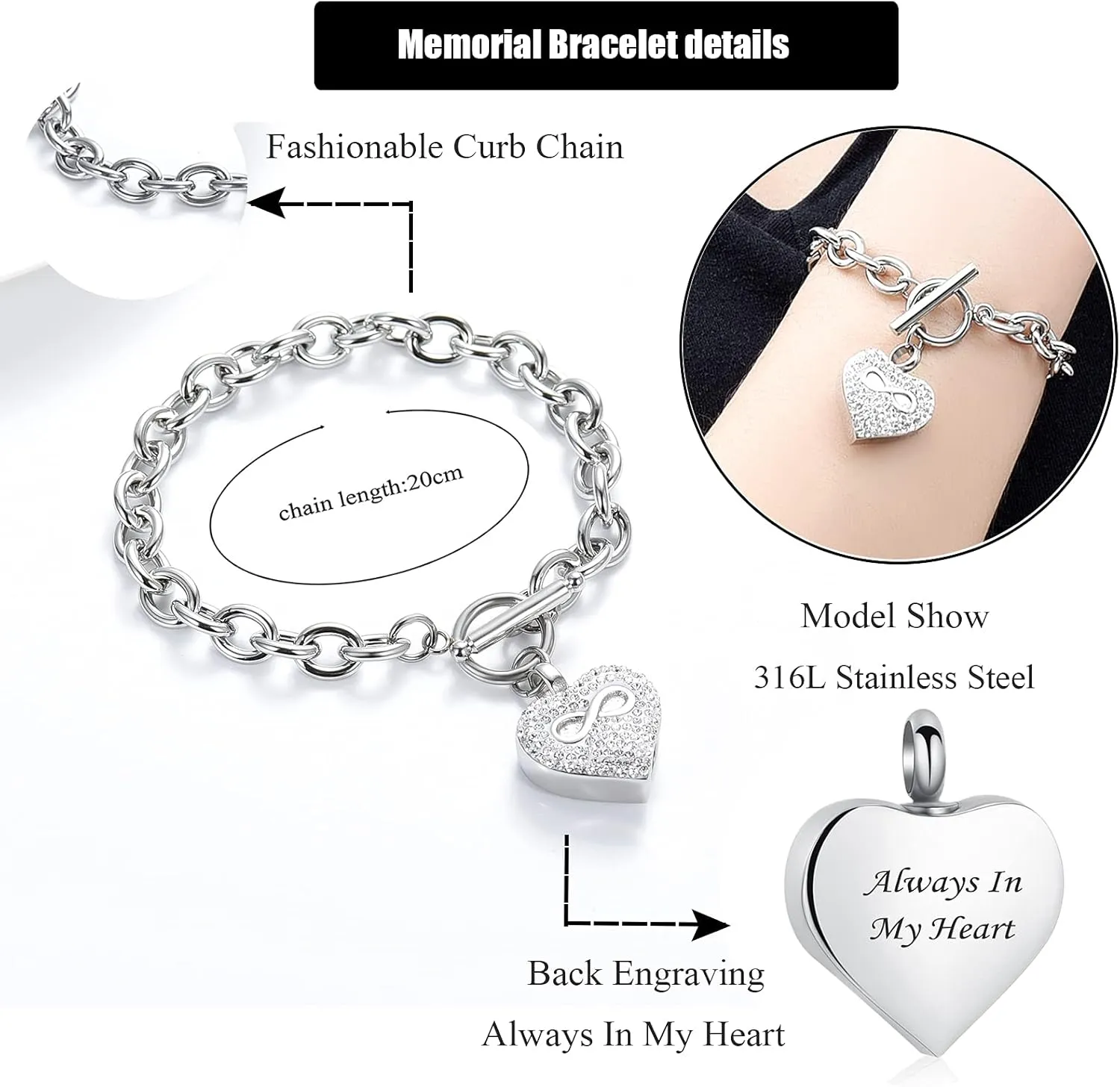 zeqingjw Infinity Heart Cremation Bracelet for Ashes - Stainless Steel Urn Bangles for Pet/Human Ashes - Memorial Keepsake Ash Jewelry