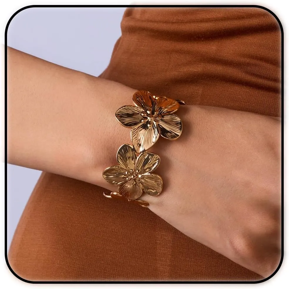 ZMANYIJEW Gold Butterfly Flower Bracelet for Women Chunky Gold Butterfly Flower Bracelet Fashion Metal Style Flower Bracelet Retro Wide Flower Gold Open Bangle for Women