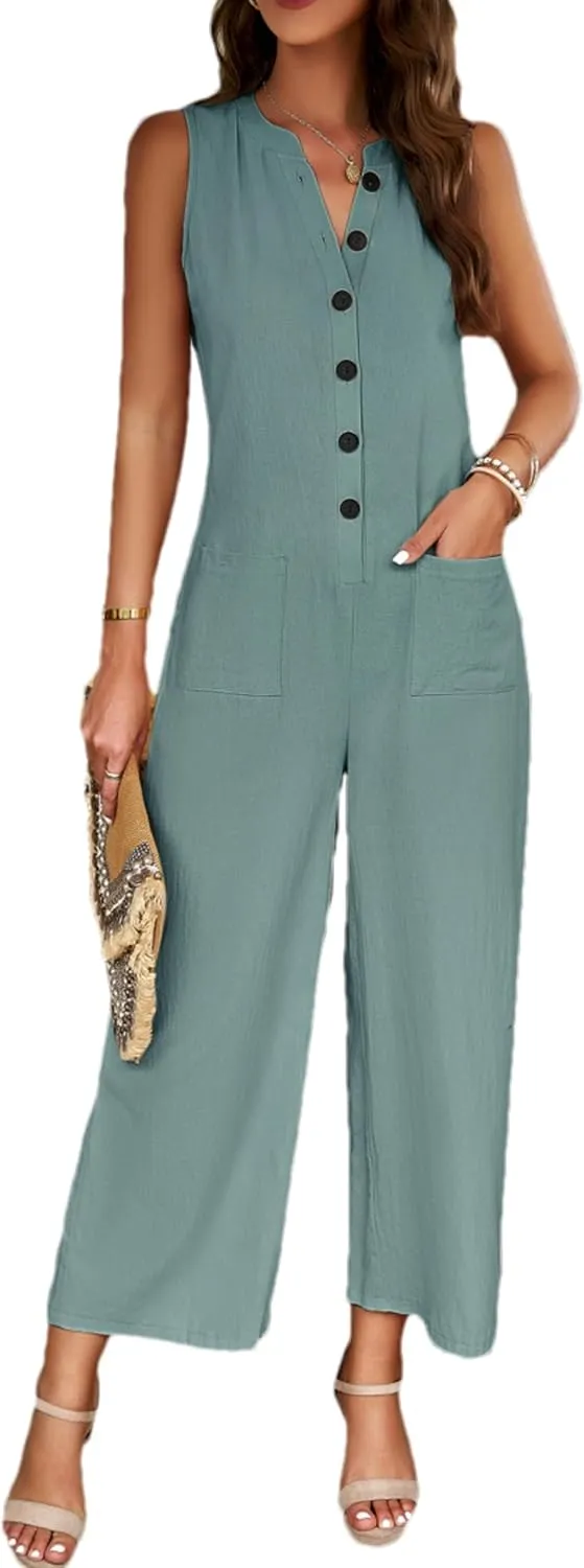 Zontroldy Women's Summer Linen Button Up Jumpsuits Dressy Casual Sleeveless Wide Leg Pants Rompers