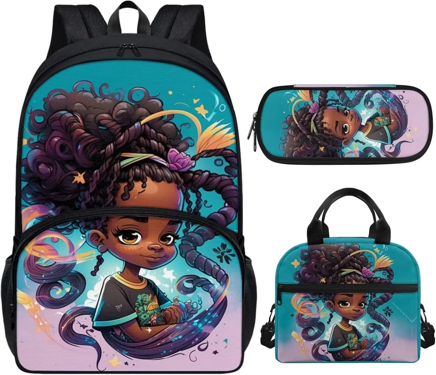 ZOUTAIRONG Black Girl Backpacks for School Elementary African American Lunch Bags for Women Kids School Bags 10-12 Years Old, Angel Princess Bookbag Pencil Case