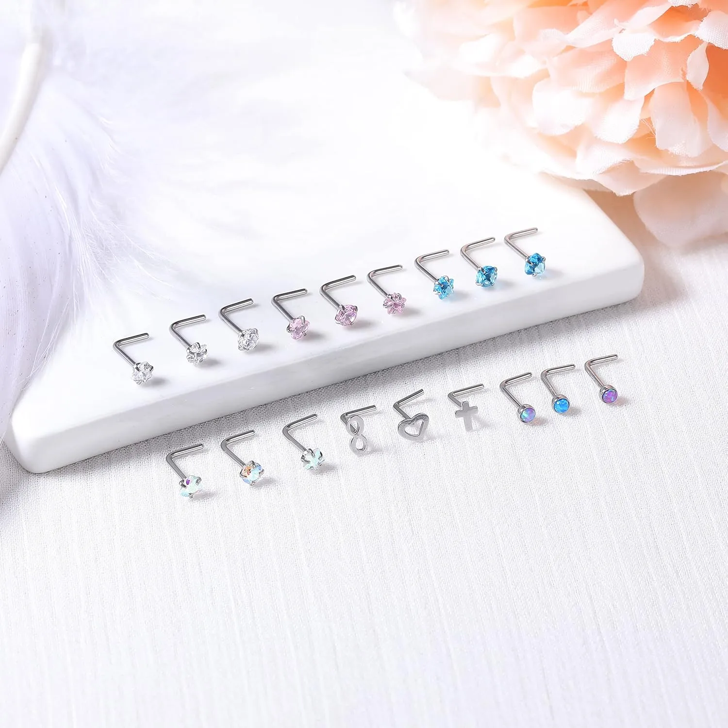 ZS 20G Nose Rings Studs, Surgical Steel Corkscrew Nose Ring L Shaped Nose Stud, CZ Heart Cross Nostril Bone Nose Piercing Jewelry for Women Men