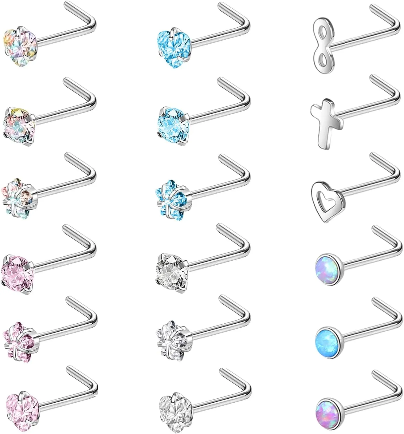 ZS 20G Nose Rings Studs, Surgical Steel Corkscrew Nose Ring L Shaped Nose Stud, CZ Heart Cross Nostril Bone Nose Piercing Jewelry for Women Men
