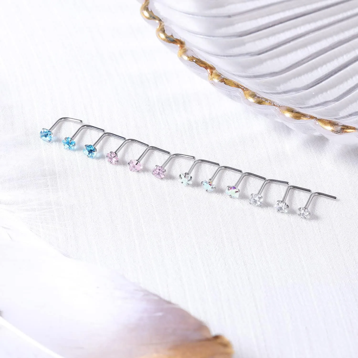 ZS 20G Nose Rings Studs, Surgical Steel Corkscrew Nose Ring L Shaped Nose Stud, CZ Heart Cross Nostril Bone Nose Piercing Jewelry for Women Men