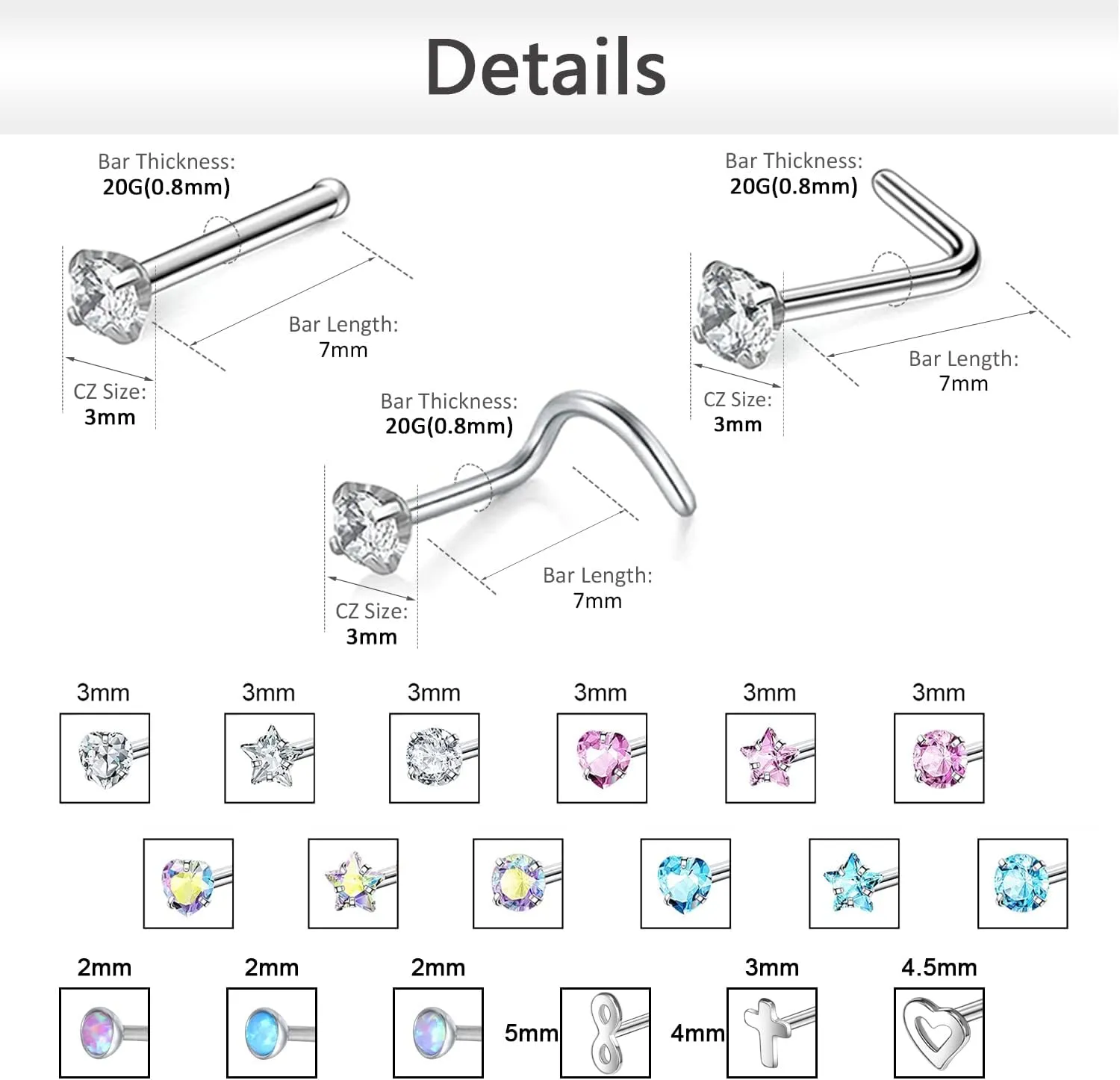 ZS 20G Nose Rings Studs, Surgical Steel Corkscrew Nose Ring L Shaped Nose Stud, CZ Heart Cross Nostril Bone Nose Piercing Jewelry for Women Men