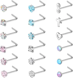 ZS 20G Nose Rings Studs, Surgical Steel Corkscrew Nose Ring L Shaped Nose Stud, CZ Heart Cross Nostril Bone Nose Piercing Jewelry for Women Men