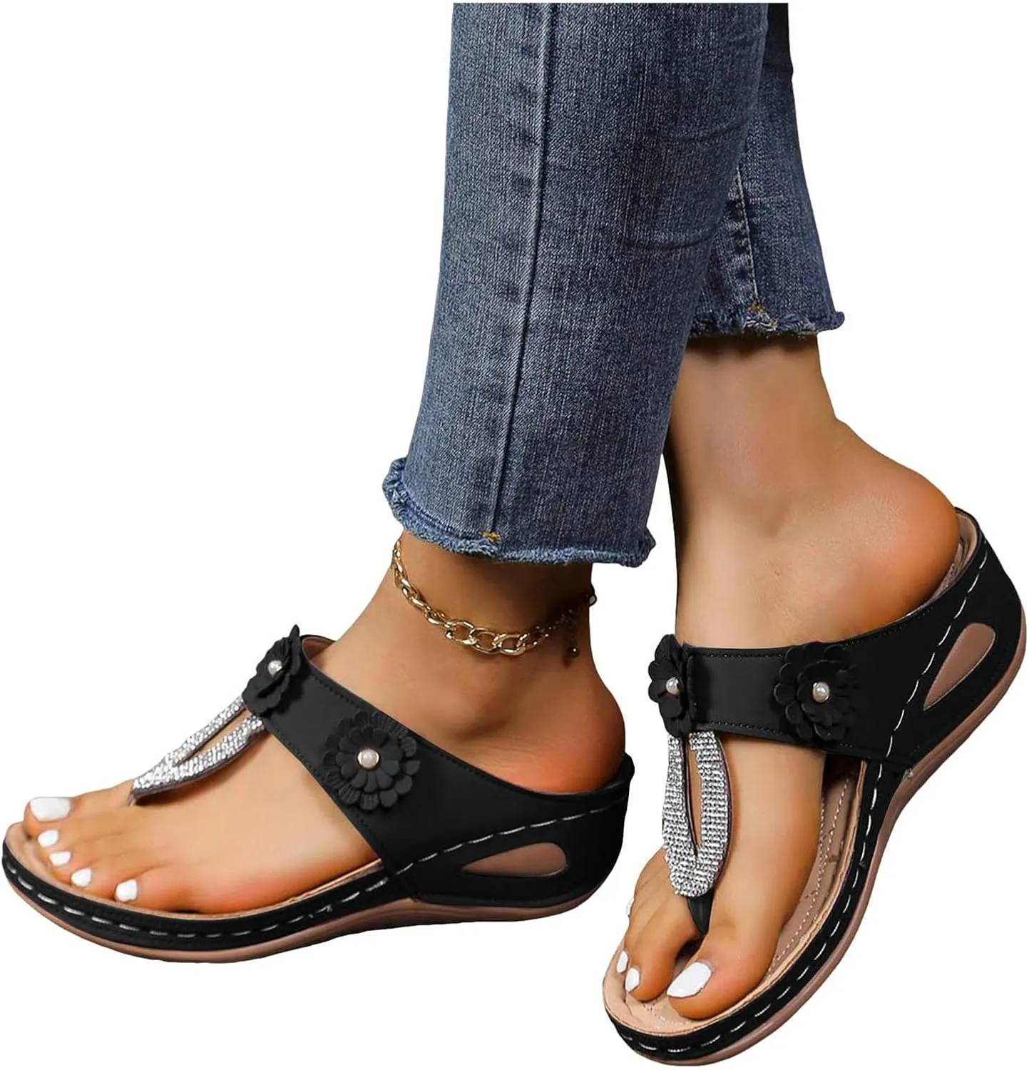 ZSpzx Women's Orthotic Cushion Flip Flops Recovery Walking Sandals for Women Dressy Summer Comfortable Arch Support Wedge Slide Rhinestone Flowers Slip on Memory Foam Plantar Fasciitis Bunion Shoes