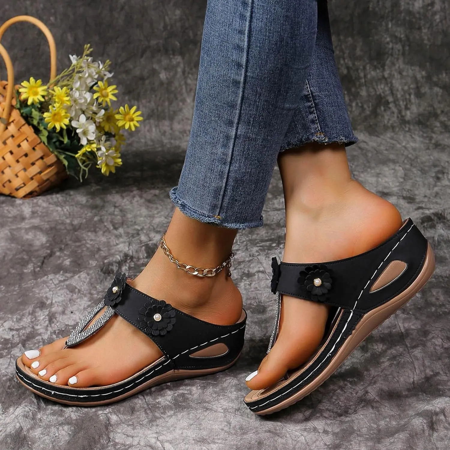 ZSpzx Women's Orthotic Cushion Flip Flops Recovery Walking Sandals for Women Dressy Summer Comfortable Arch Support Wedge Slide Rhinestone Flowers Slip on Memory Foam Plantar Fasciitis Bunion Shoes