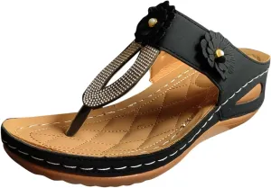 ZSpzx Women's Orthotic Cushion Flip Flops Recovery Walking Sandals for Women Dressy Summer Comfortable Arch Support Wedge Slide Rhinestone Flowers Slip on Memory Foam Plantar Fasciitis Bunion Shoes